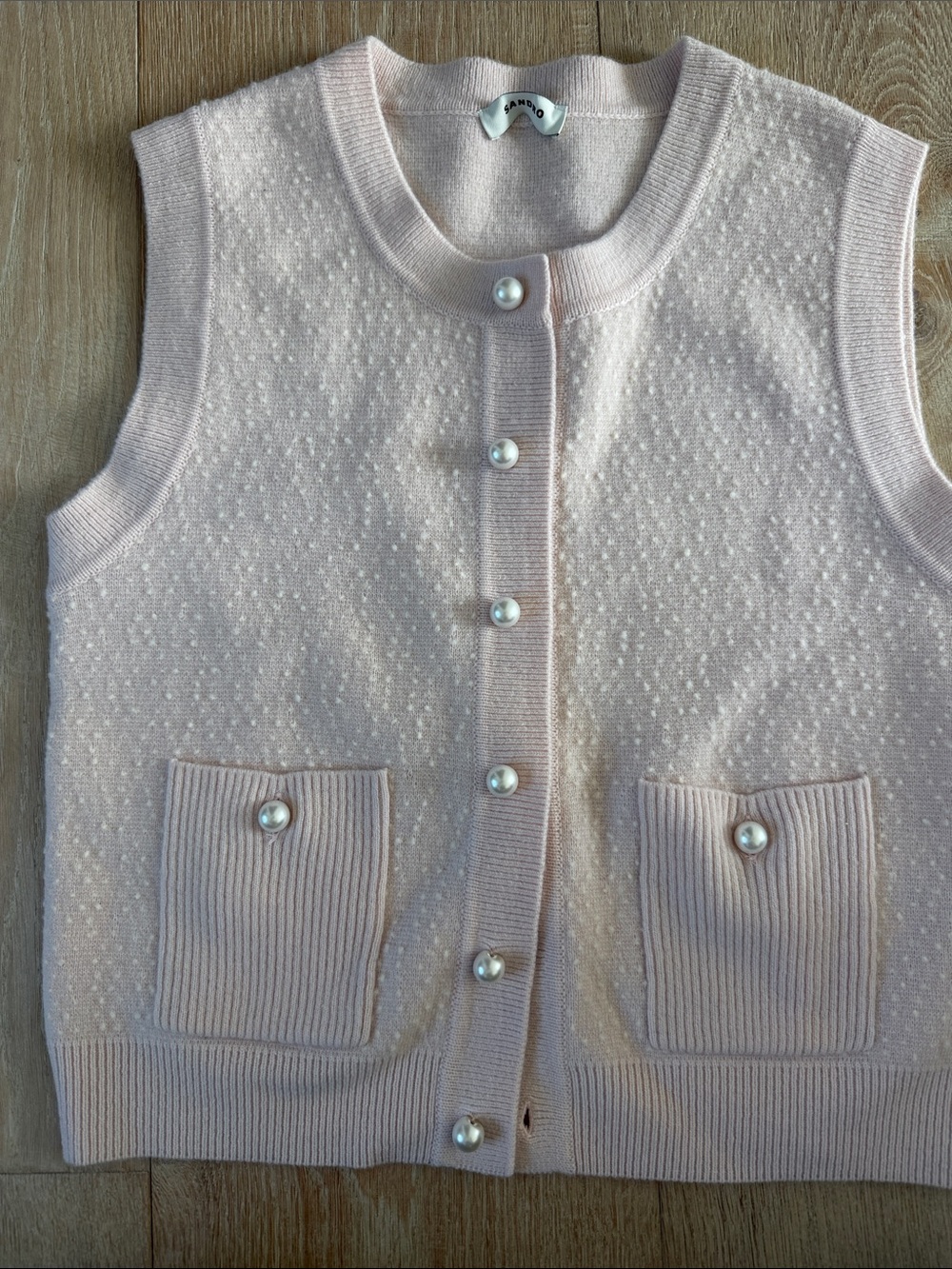 Sandro Light Pink Sleeveless Knit Cardigan with Pearl Buttons